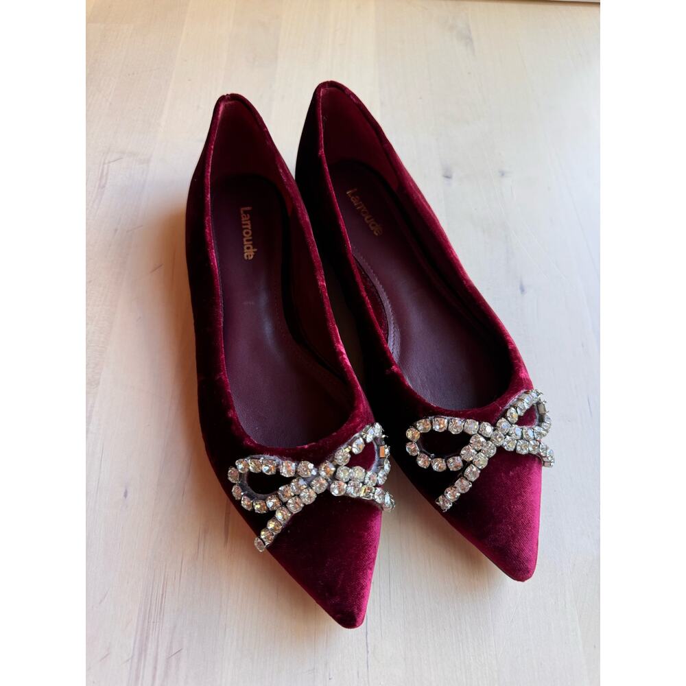 Larroudé Lee Crystal-Embellished red Bow Velvet Ballet Flats size 6.5 - Picture 2 of 11